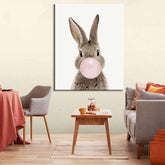 Paint by numbers art animal bunny makes a bubble with chewing gum